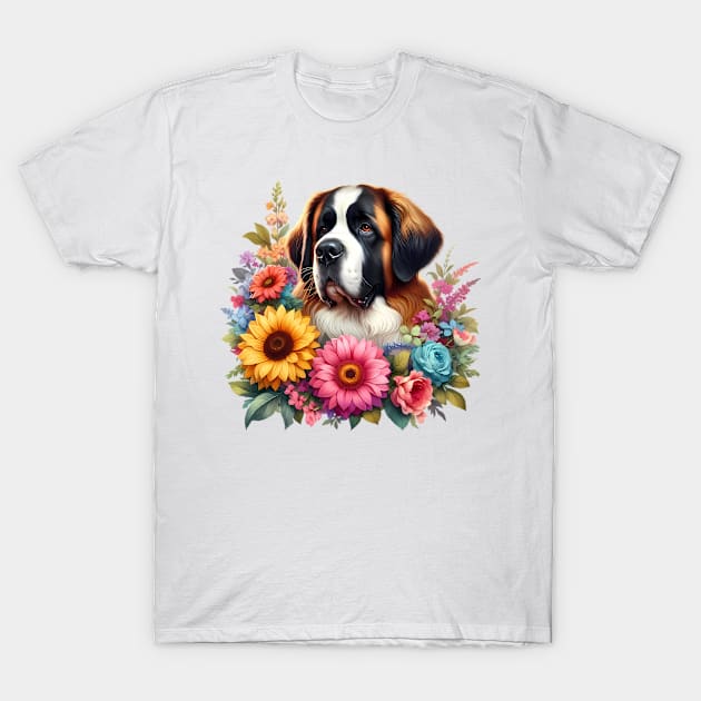 A St. Bernard dog decorated with beautiful colorful flowers. T-Shirt by CreativeSparkzz